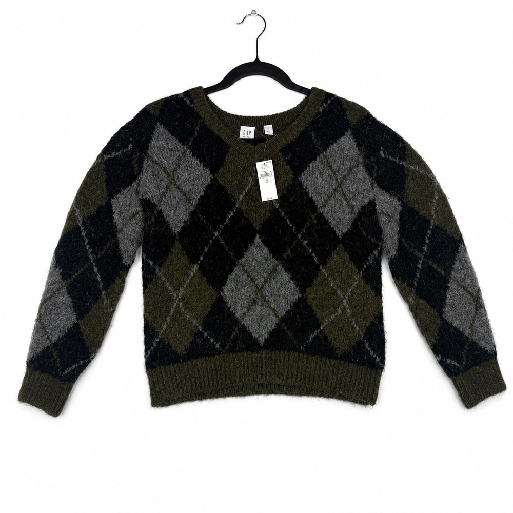 Gap Womens Argyle V-Neck Fuzzy Knit Sweater Olive Green Black Grey 604697 M